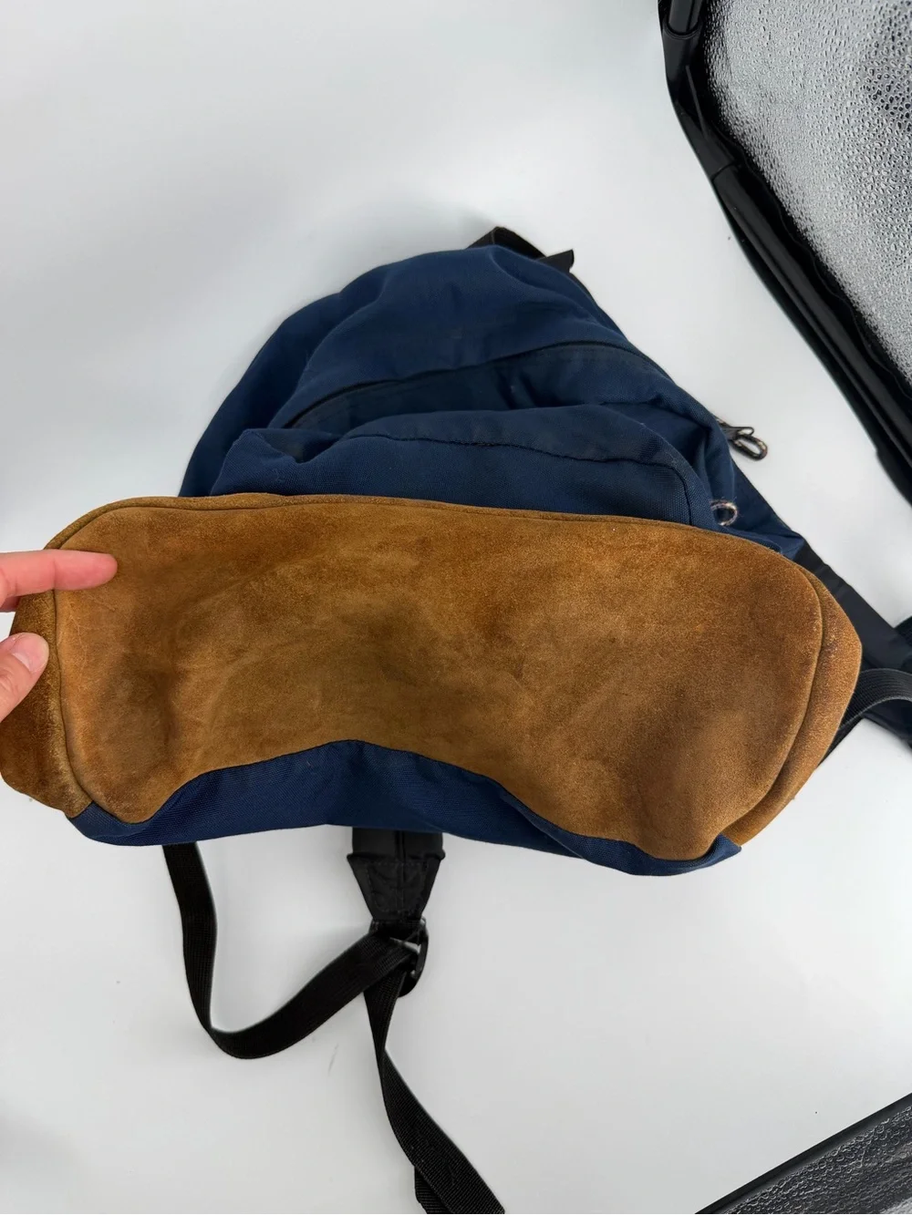 JanSport Right Pack Backpack Navy Blue Suede Leather Bottom Vintage Y2K School